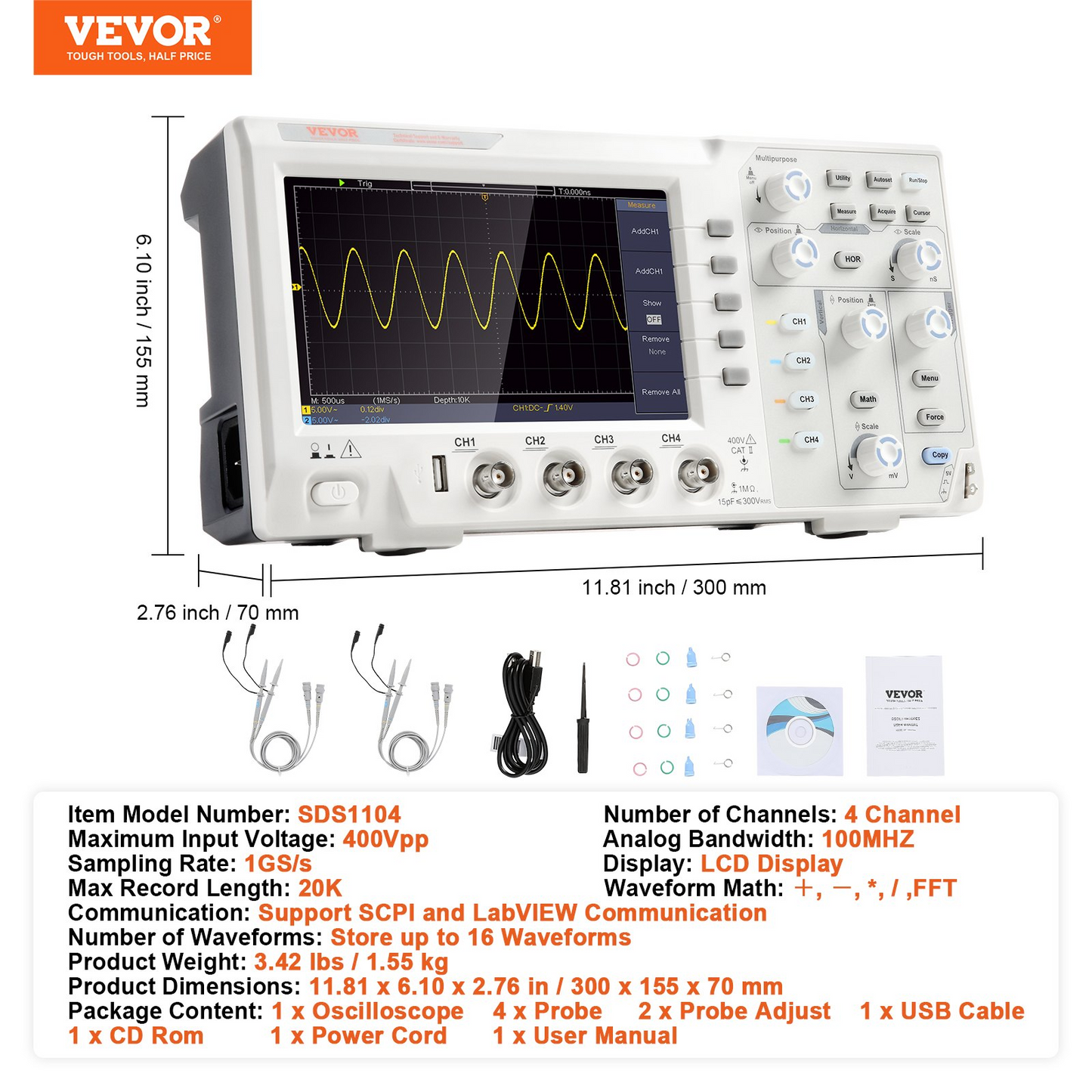 VEVOR Digital Oscilloscope - High Precision Portable Oscilloscope with 4 Channels and 7-inch Color Screen