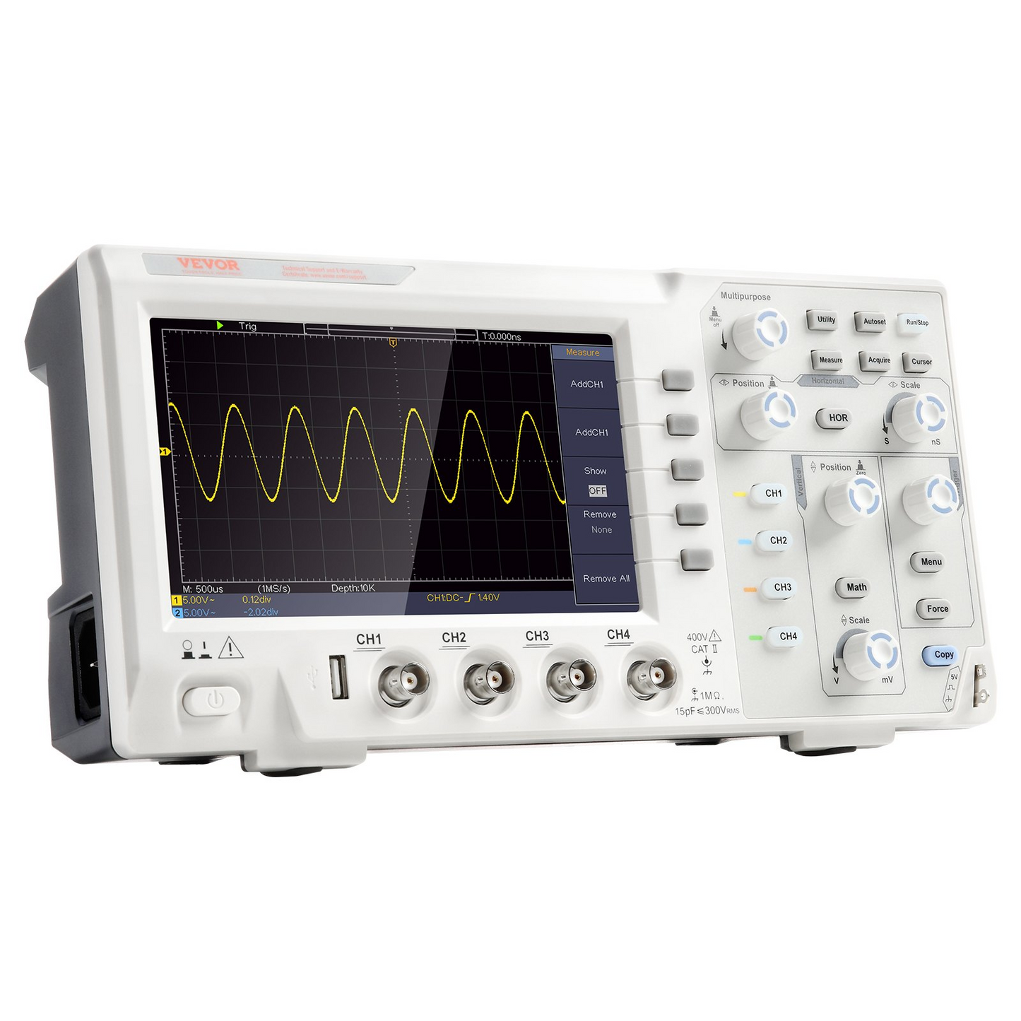 VEVOR Digital Oscilloscope - High Precision Portable Oscilloscope with 4 Channels and 7-inch Color Screen