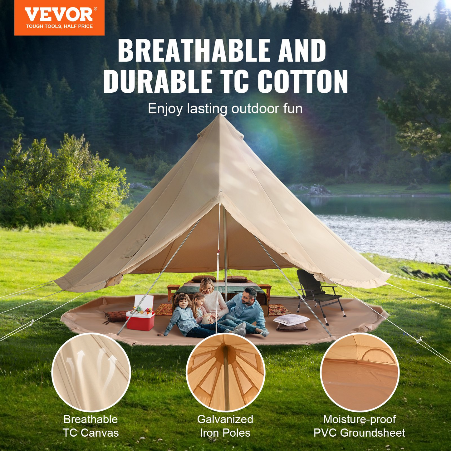 VEVOR Canvas Bell Tent, 4 Seasons 3m Yurt Tent with Stove Jack