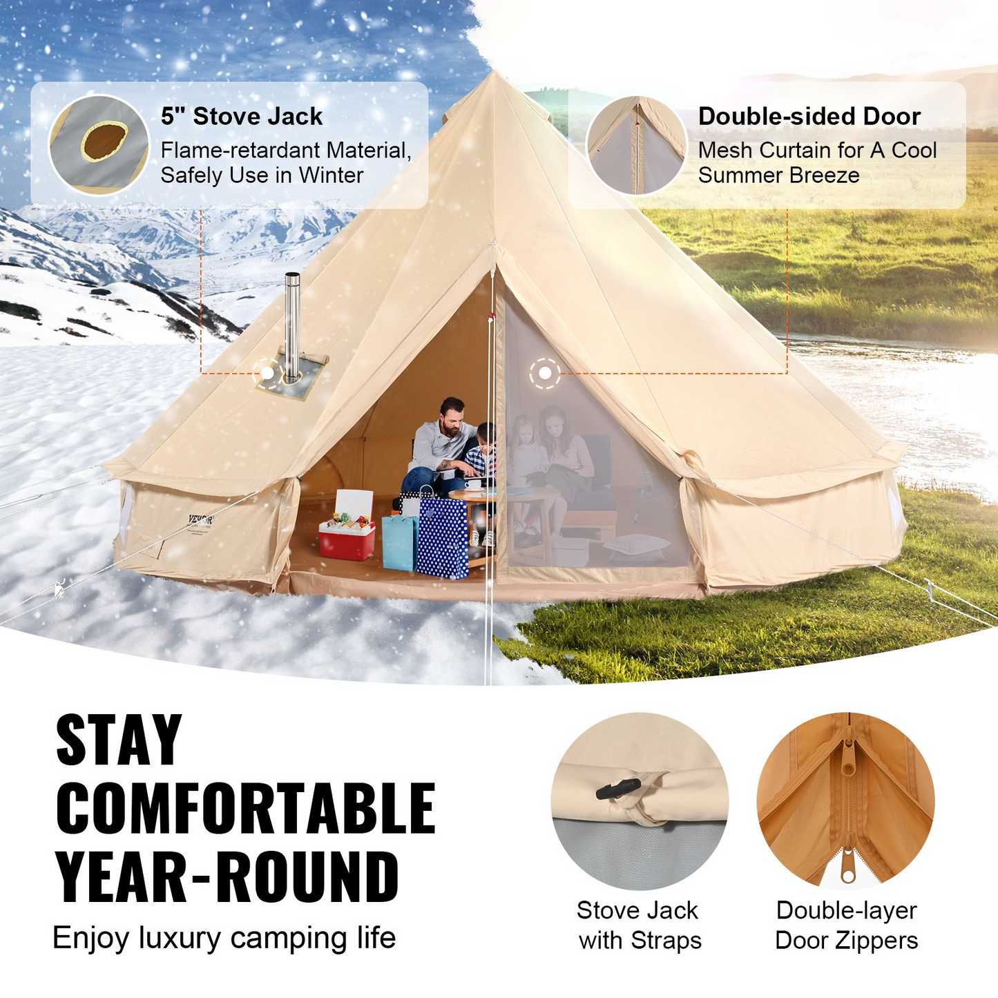 VEVOR Canvas Bell Tent, 4 Seasons 3m Yurt Tent with Stove Jack