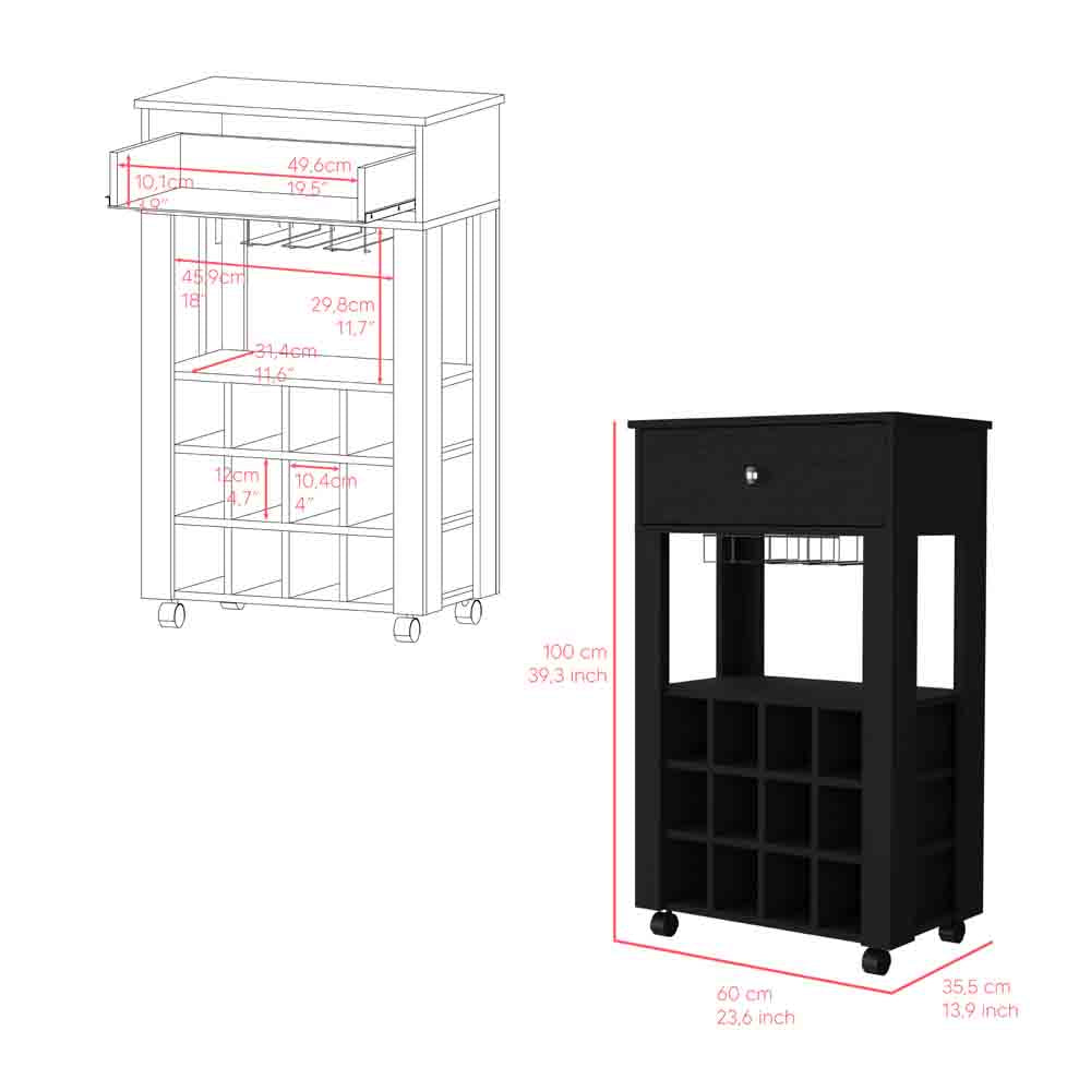 Bar Cart Bayamon - Contemporary Wine Storage with Twelve Wine Cubbies