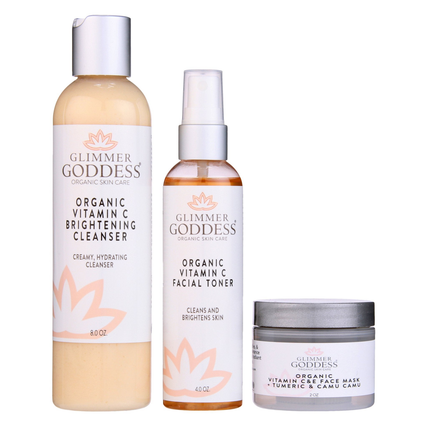 Glimmer Goddess Organic Vitamin C Brightening Skincare 3 Step Cleansing Kit