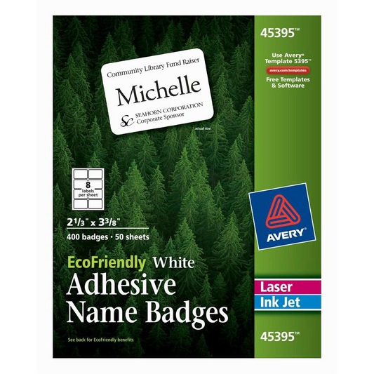 Avery® Eco-friendly Premium Name Badge Labels - 2 21/64" Width x 3 3/8" Length - Removable Adhesive - Rectangle - Laser, Inkjet - White - Paper - 8 / Sheet - 50 Total Sheets - 400 Total Labels