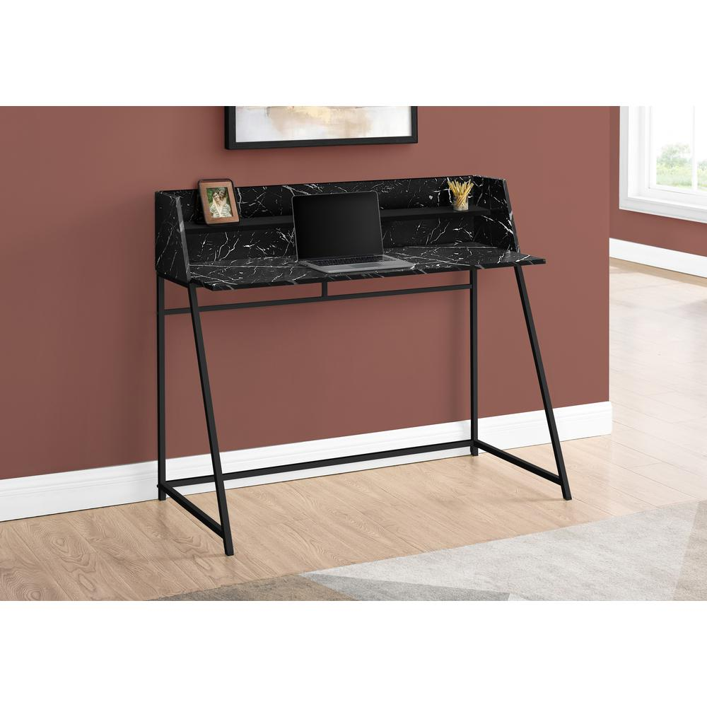 Computer Desk with Storage Shelves - Black Marble-Look Finish