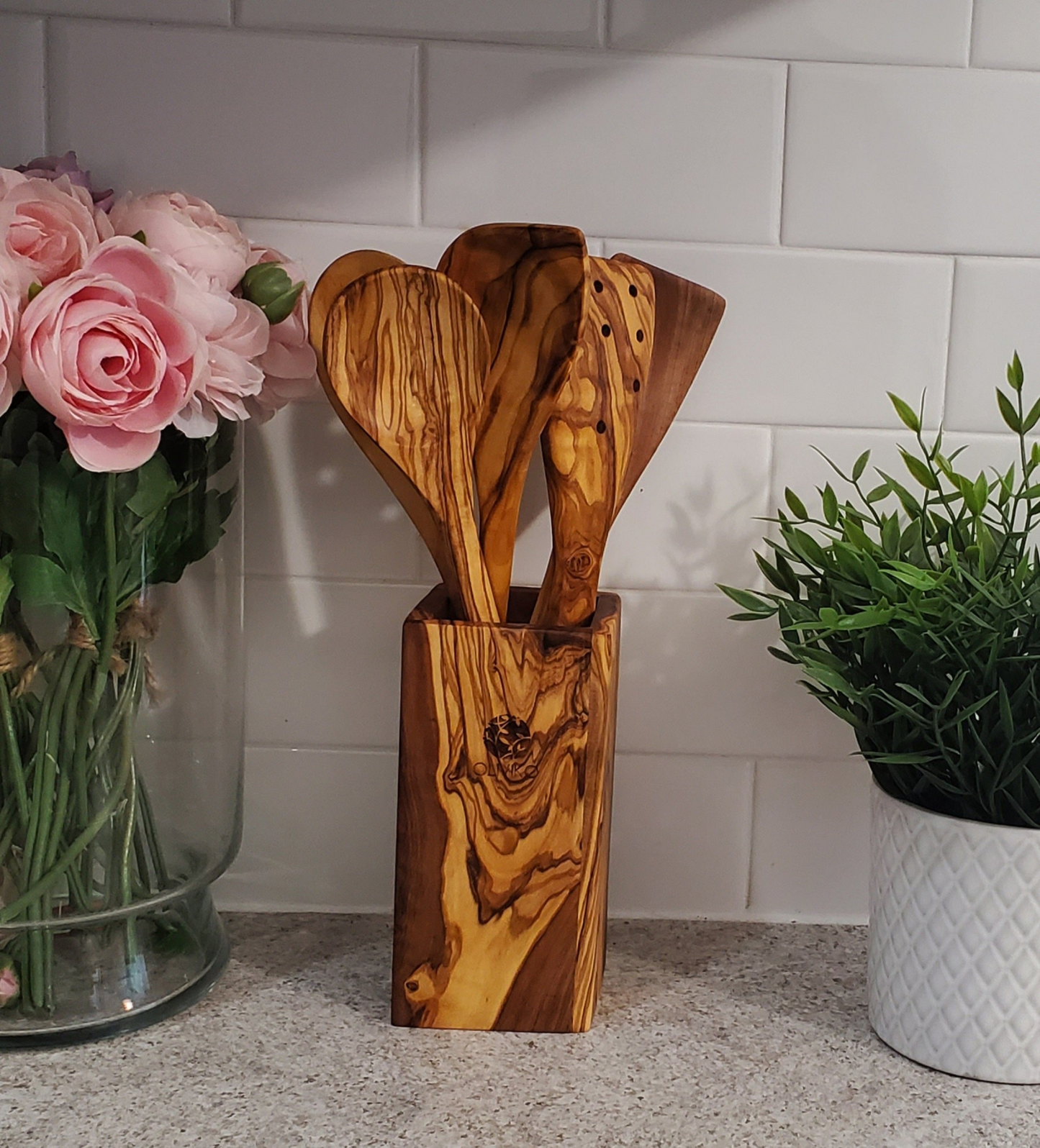 Handmade Olive Wood Holder+ Utensils Kit of 5 Utensils Holder+ 2 Spatula + 3 Spoon 100% Olive Wood