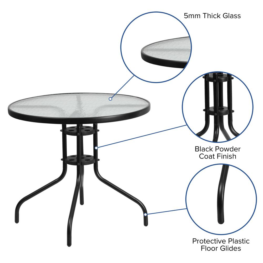 5 Piece Outdoor Patio Dining Set - Round Tempered Glass Table, 4 Gray Stack Chairs