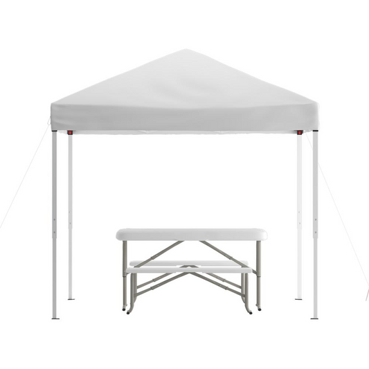 8'x8' White Pop Up Event Canopy Tent with Carry Bag and Folding Bench Set - Portable Tailgate, Camping, Event Set