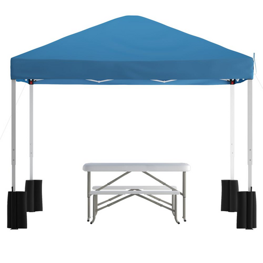 10'x10' Blue Pop Up Event Canopy Tent with Wheeled Case and Folding Bench Set - Portable Tailgate, Camping, Event Set