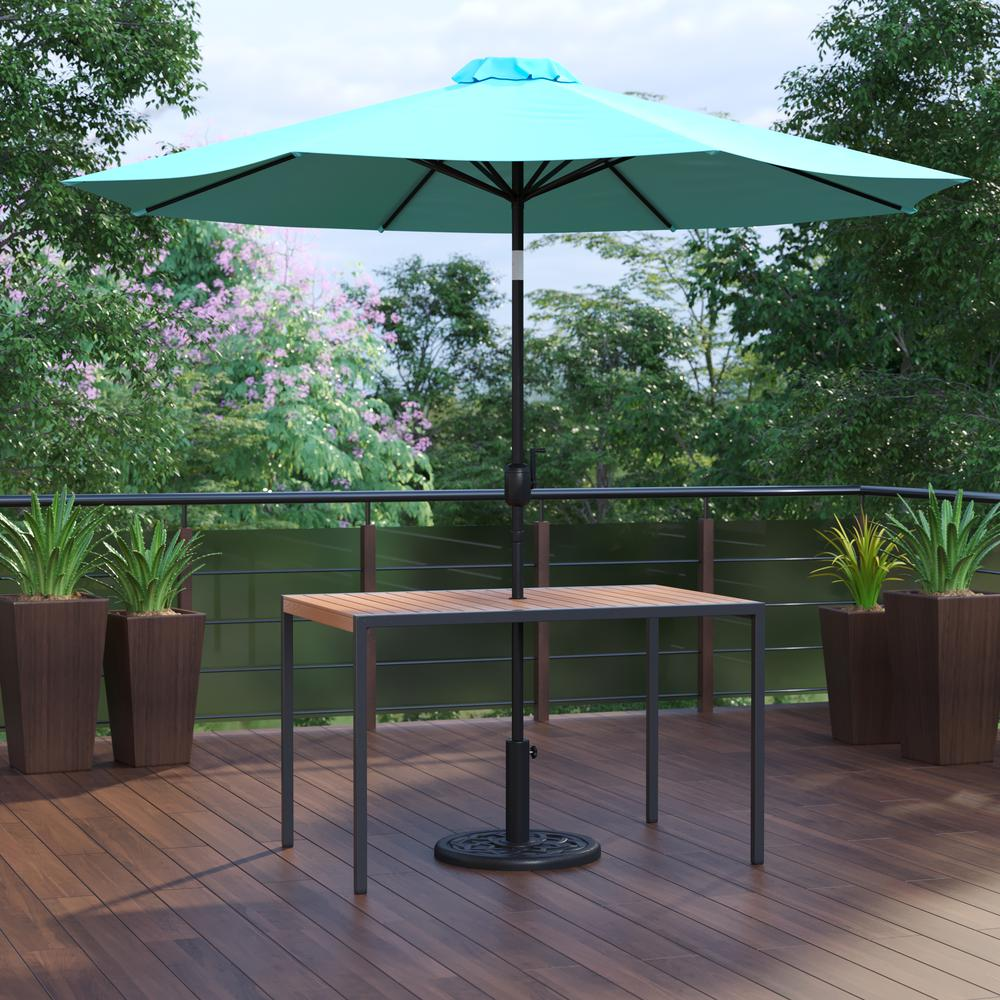 3 Piece Outdoor Patio Table Set - Synthetic Teak Table with Teal Umbrella and Base