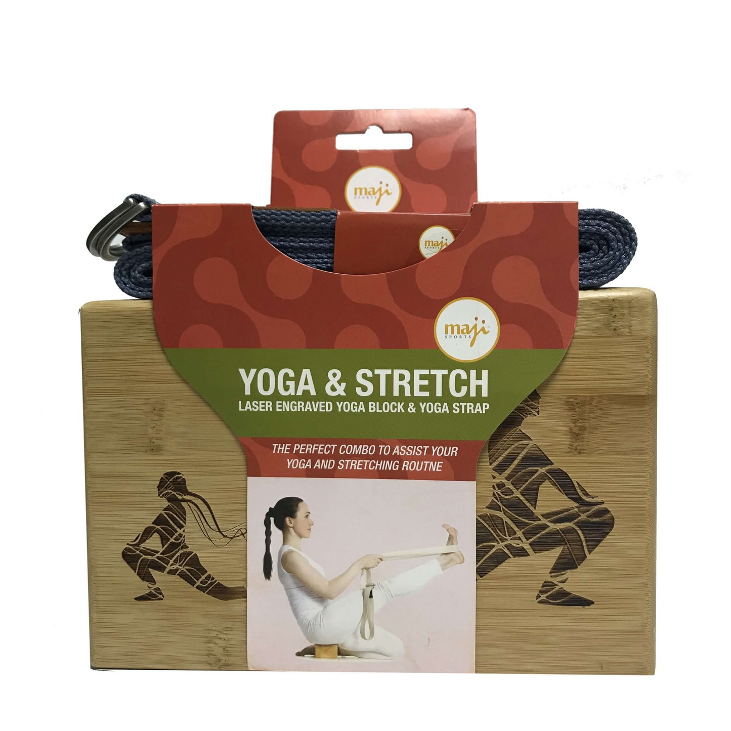 Maji Sports Laser Engraved Bamboo Yoga Block & Strap Combo