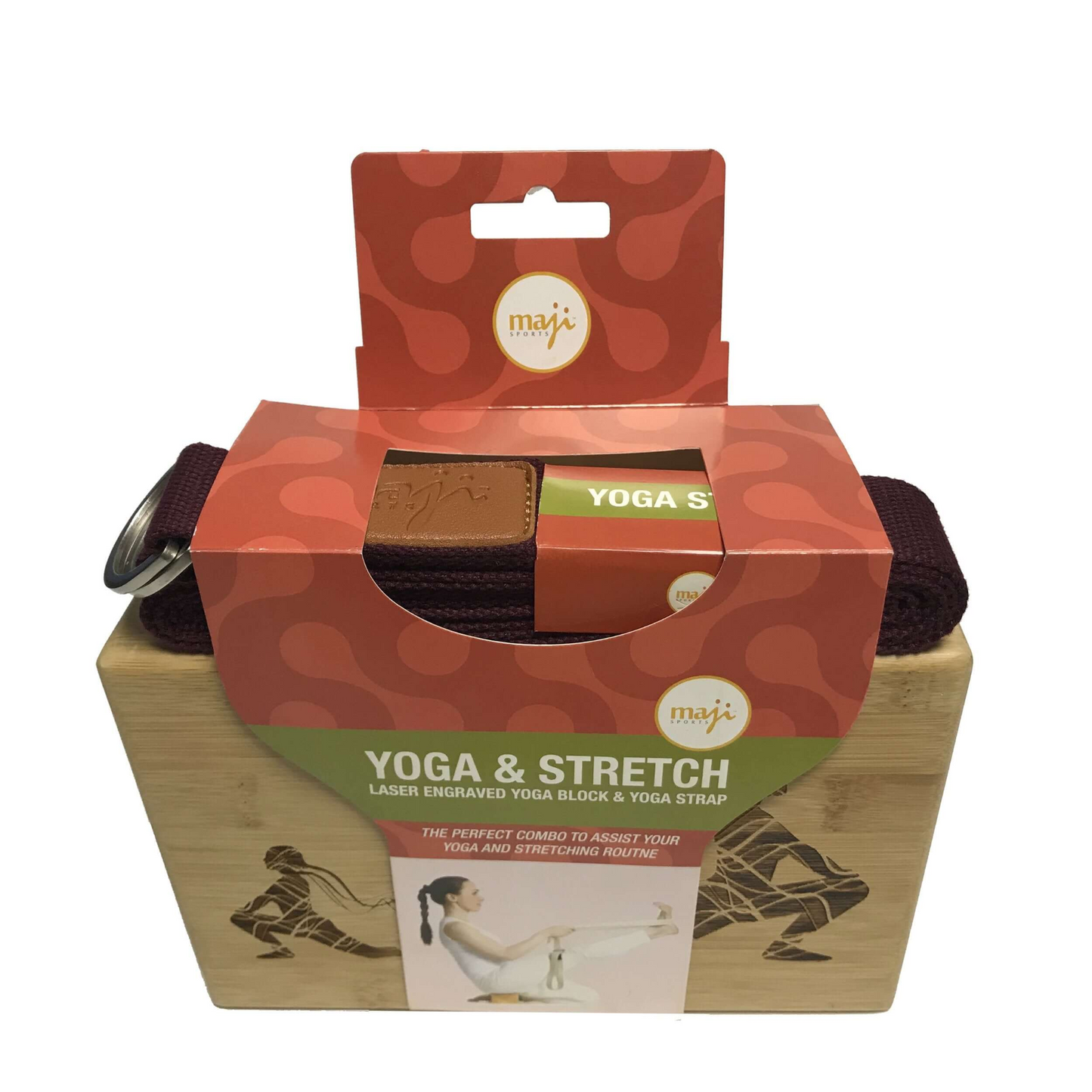 Maji Sports Laser Engraved Bamboo Yoga Block & Strap Combo